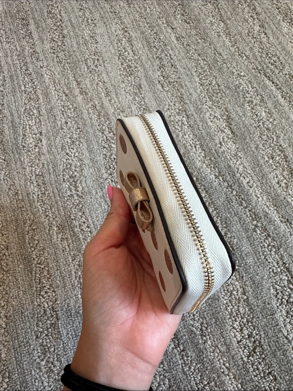 kate spade White Wallet with Rose Gold Glitter Polka Dots and Metallic Bow